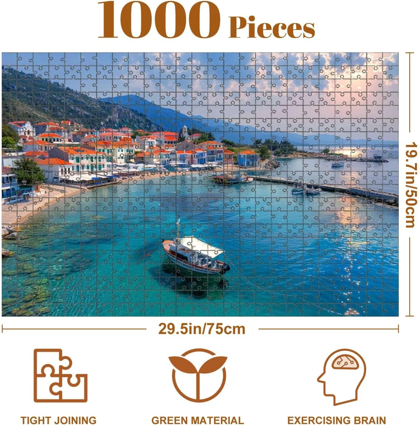 Jigsaw Puzzles 1000 Pieces for Adult View Kokkari Fishing Village Beautiful Beach Samos Island Greece Puzzle Game for Family Wooden Puzzle Toy Educational Games Puzzles for Home Decor