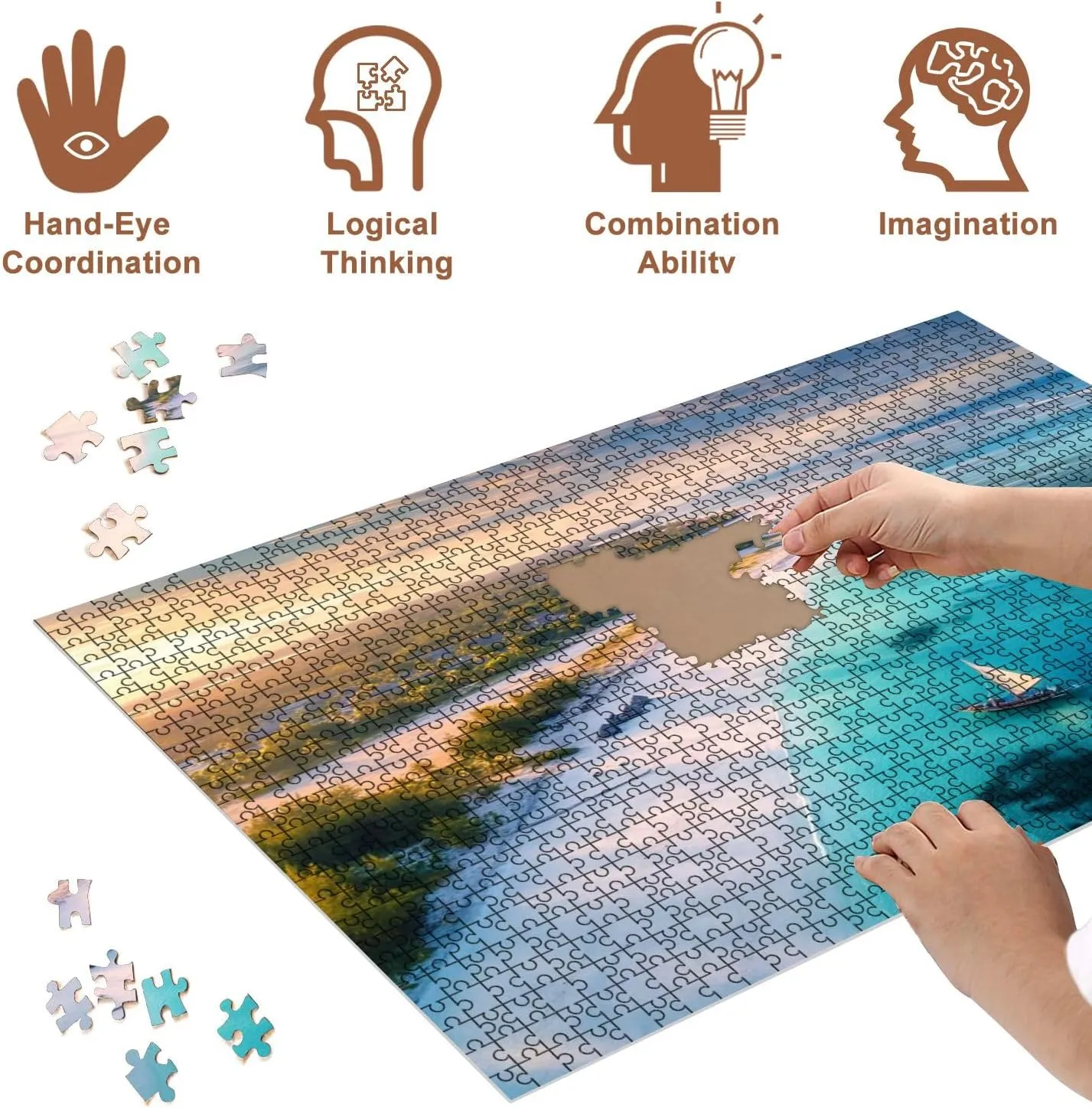 Jigsaw Puzzles 500 Pieces for Adult Aerial View Fishing Boats Tropical sea Coast Sandy Beach Sunset Summer Puzzle Game for Family Wooden Puzzle Toy Educational Games Puzzles for Home Decor