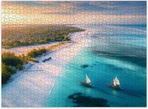 Jigsaw Puzzles 500 Pieces for Adult Aerial View Fishing Boats Tropical sea Coast Sandy Beach Sunset Summer Puzzle Game for Family Wooden Puzzle Toy Educational Games Puzzles for Home Decor