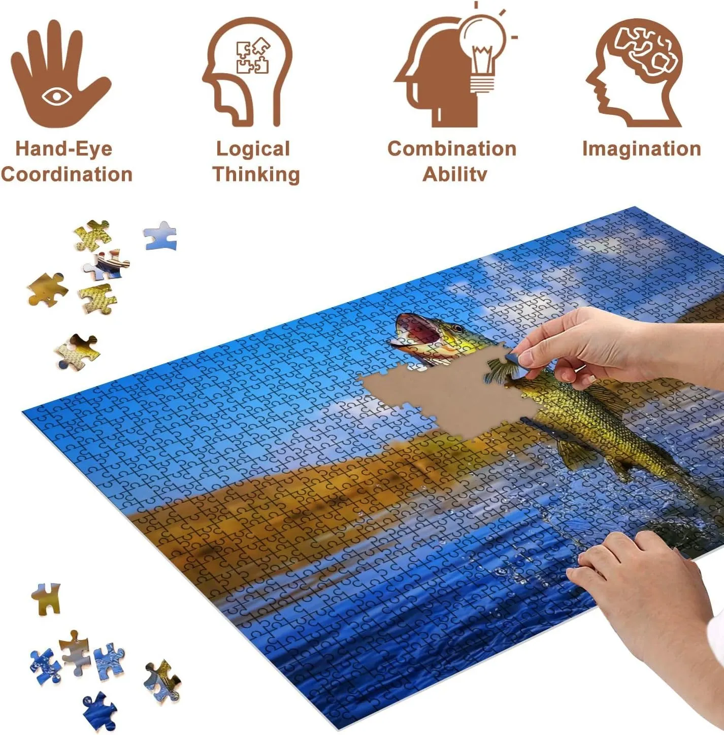 Jigsaw Puzzles 500 Pieces for Adult Big Bass Large Mouth Fishing Lake Blue Sky Dawn Sunrise Puzzle Game for Family Wooden Puzzle Toy Educational Games Puzzles for Home Decor
