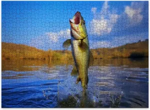 Jigsaw Puzzles 500 Pieces for Adult Big Bass Large Mouth Fishing Lake Blue Sky Dawn Sunrise Puzzle Game for Family Wooden Puzzle Toy Educational Games Puzzles for Home Decor