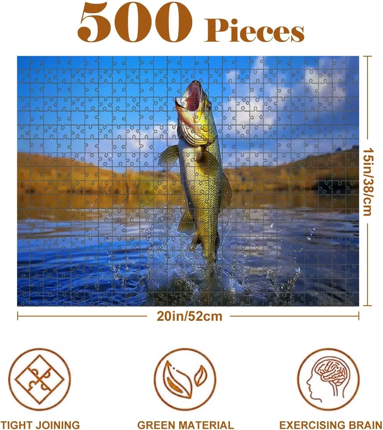 Jigsaw Puzzles 500 Pieces for Adult Big Bass Large Mouth Fishing Lake Blue Sky Dawn Sunrise Puzzle Game for Family Wooden Puzzle Toy Educational Games Puzzles for Home Decor