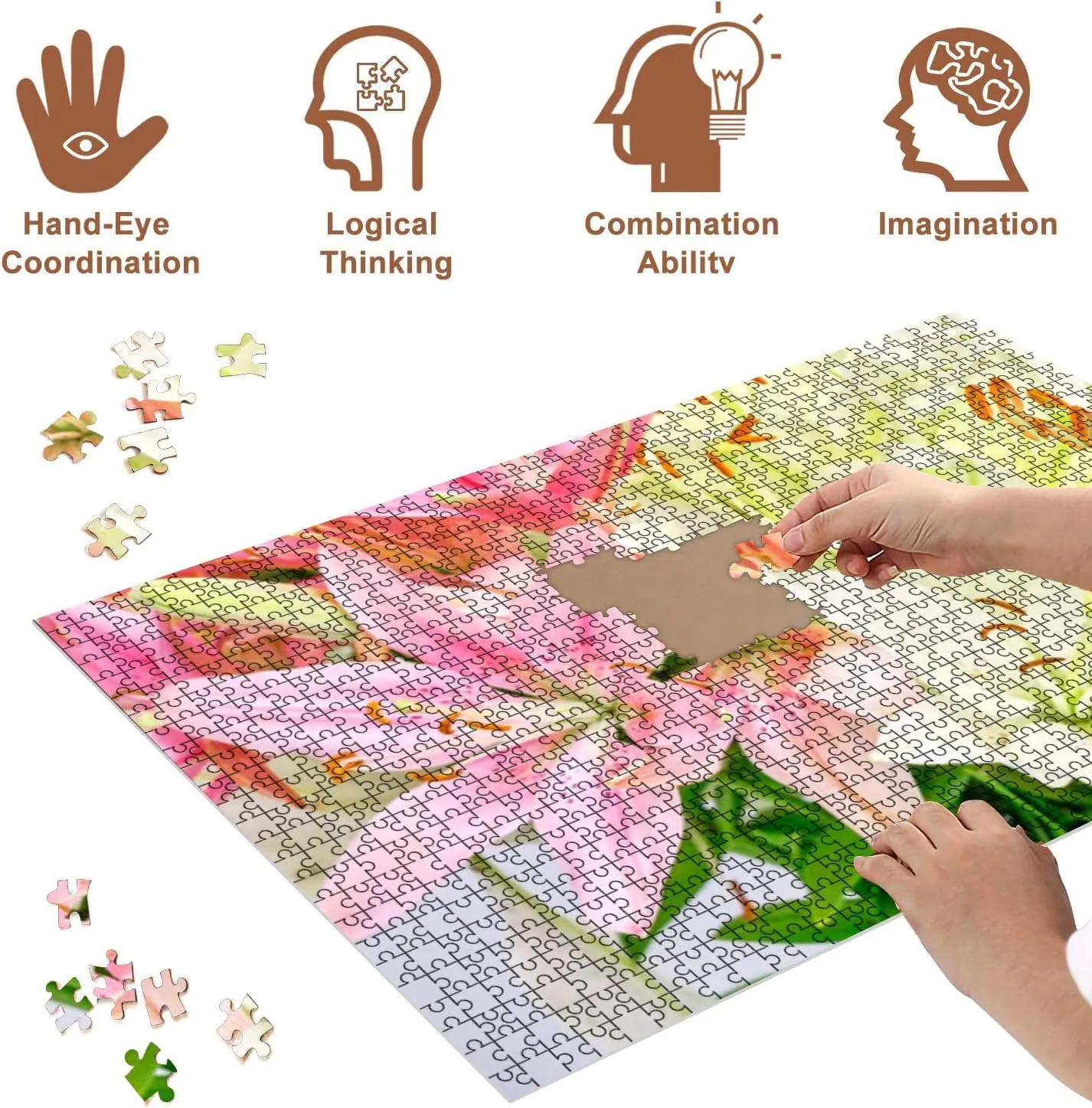 Jigsaw Puzzles 500 Pieces for Adult Bouquet Pink White Lilies Puzzle Game for Family Wooden Puzzle Toy Educational Games Puzzles for Home Decor