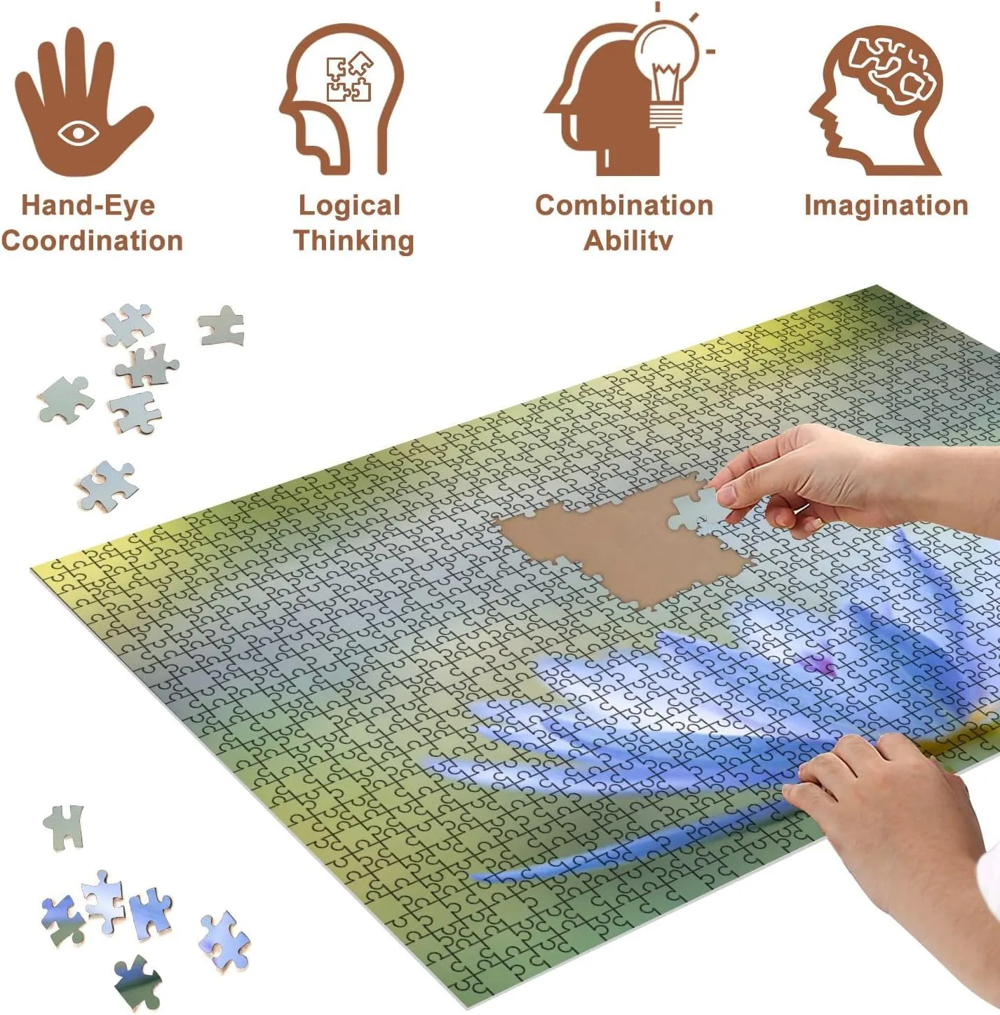 Jigsaw Puzzles 500 Pieces for Adult Closeup White Light Blue Water Lotus Pond Using as Nature Flora Cover Puzzle Game for Family Wooden Puzzle Toy Educational Games Puzzles for Home Decor