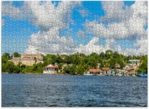 Jigsaw Puzzles 500 Pieces for Adult Cuban Fishing Boats Village Houses Jagua Spanish Castle Walls Puzzle Game for Family Wooden Puzzle Toy Educational Games Puzzles for Home Decor