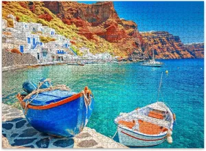 Jigsaw Puzzles 500 Pieces for Adult Greece Breathtaking Beautiful Landscape Two Fishing Boats Anchored to Puzzle Game for Family Wooden Puzzle Toy Educational Games Puzzles for Home Decor