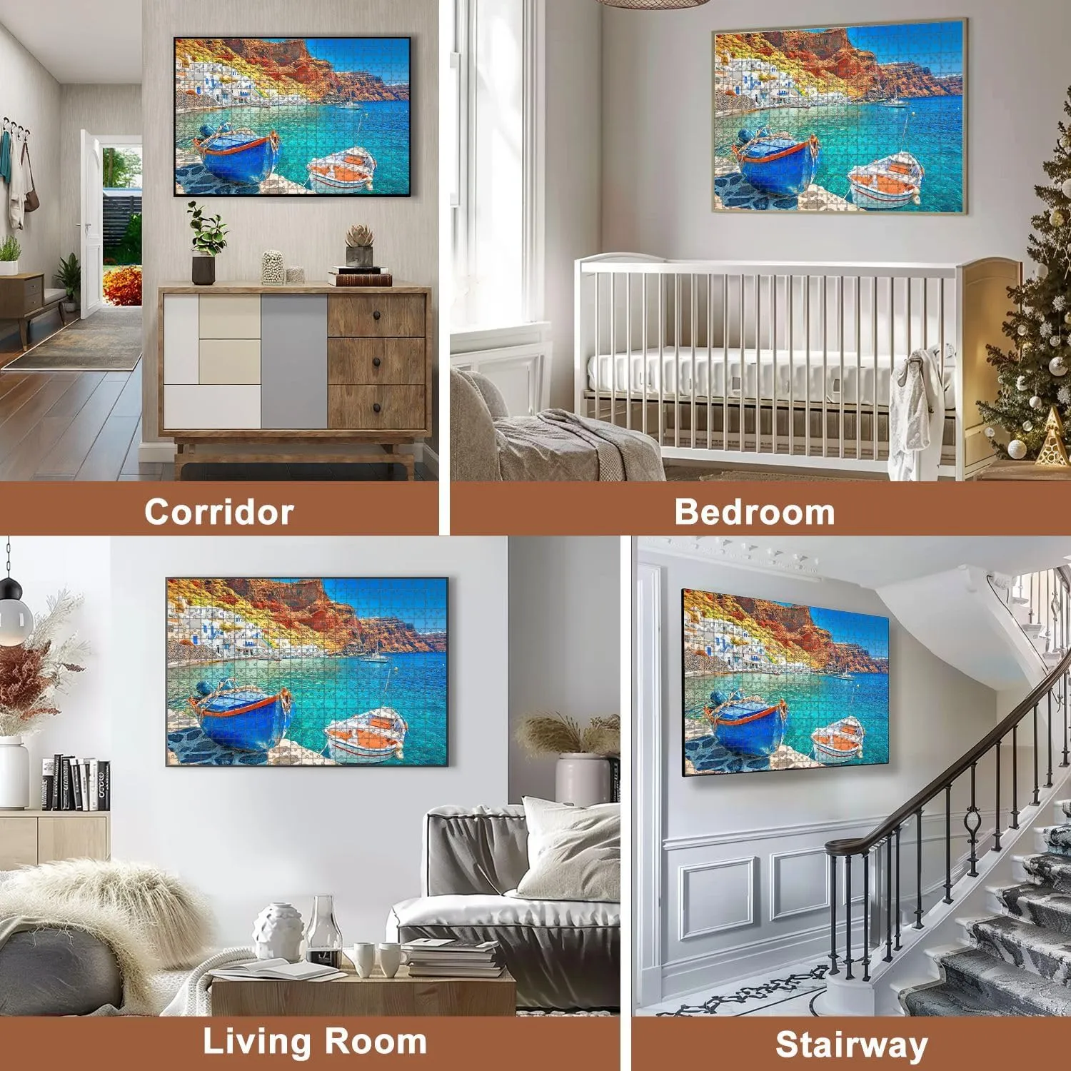 Jigsaw Puzzles 500 Pieces for Adult Greece Breathtaking Beautiful Landscape Two Fishing Boats Anchored to Puzzle Game for Family Wooden Puzzle Toy Educational Games Puzzles for Home Decor