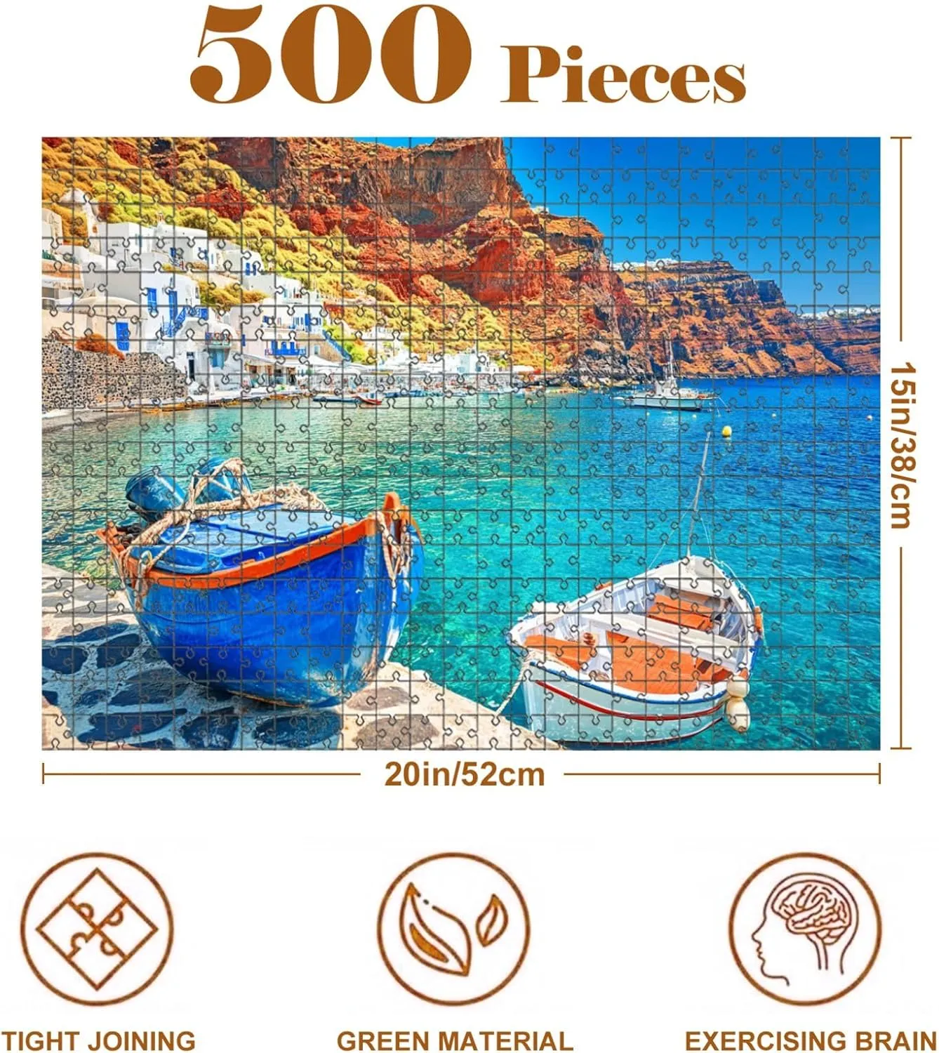 Jigsaw Puzzles 500 Pieces for Adult Greece Breathtaking Beautiful Landscape Two Fishing Boats Anchored to Puzzle Game for Family Wooden Puzzle Toy Educational Games Puzzles for Home Decor