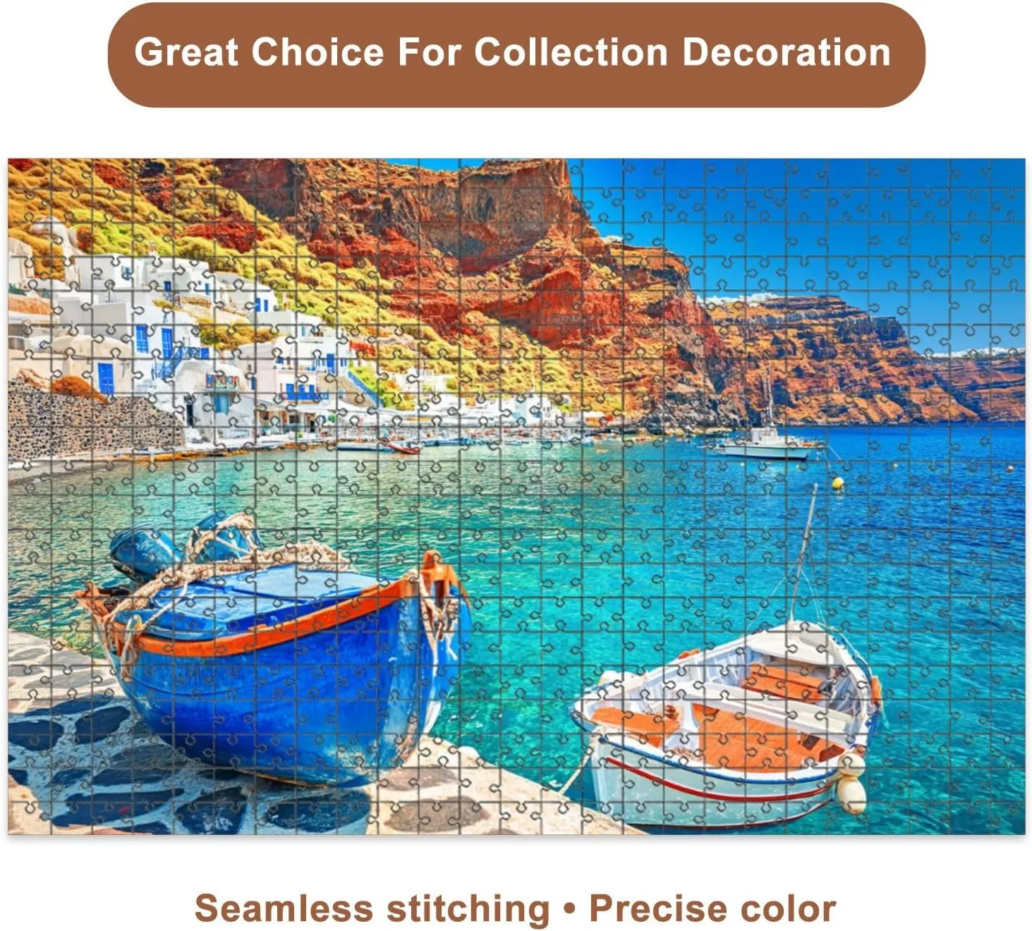 Jigsaw Puzzles 500 Pieces for Adult Greece Breathtaking Beautiful Landscape Two Fishing Boats Anchored to Puzzle Game for Family Wooden Puzzle Toy Educational Games Puzzles for Home Decor