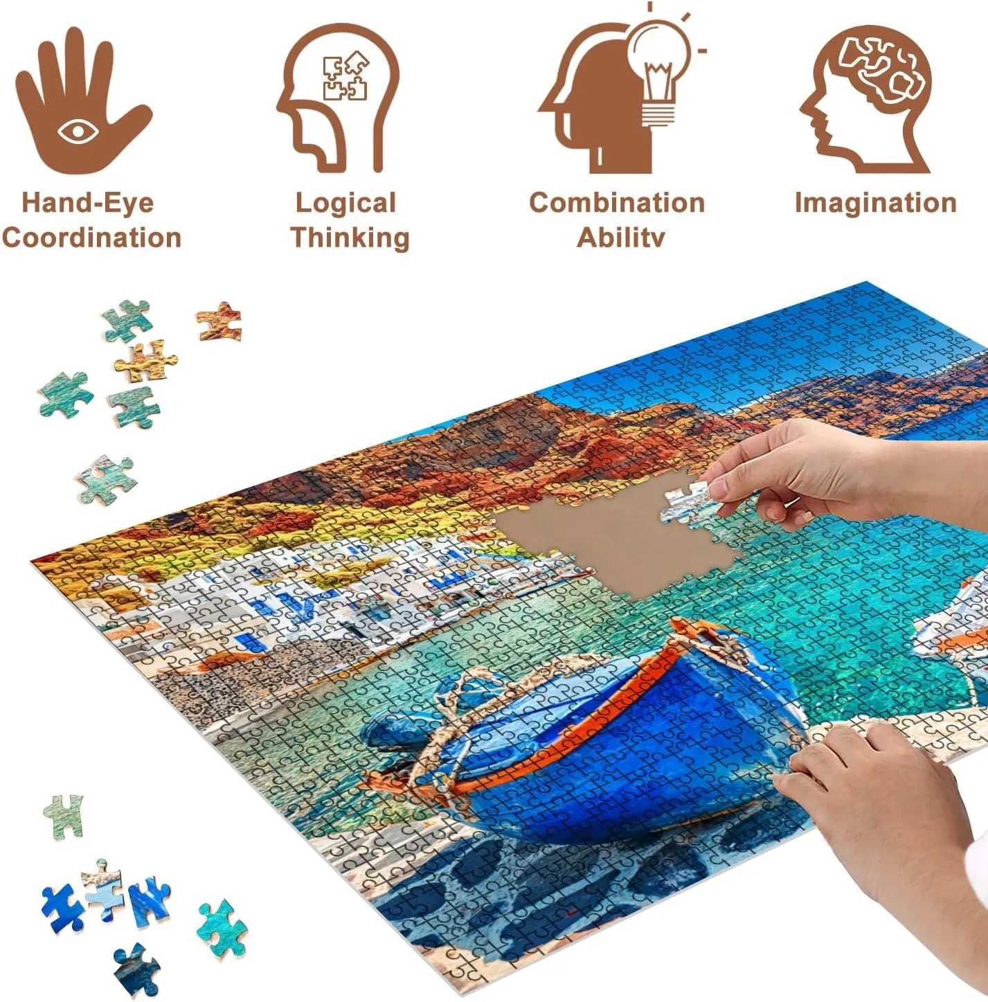 Jigsaw Puzzles 500 Pieces for Adult Greece Breathtaking Beautiful Landscape Two Fishing Boats Anchored to Puzzle Game for Family Wooden Puzzle Toy Educational Games Puzzles for Home Decor
