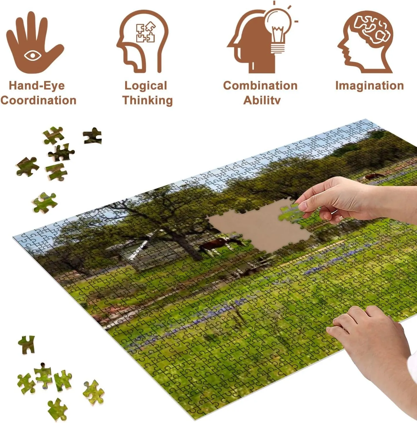 Jigsaw Puzzles 500 Pieces for Adult Horses Pasture Next to Pond Texas Hill Country Puzzle Game for Family Wooden Puzzle Toy Educational Games Puzzles for Home Decor