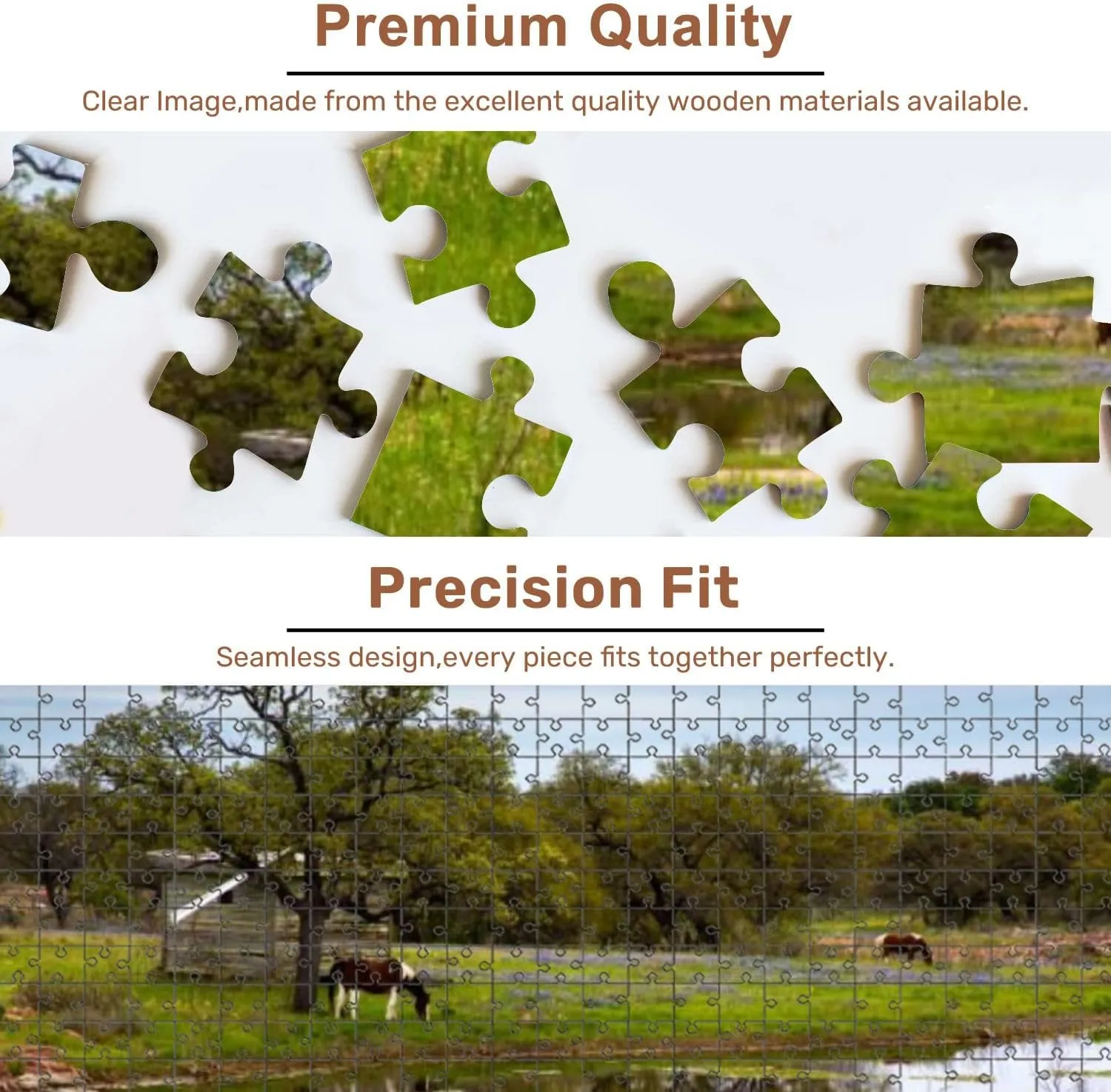 Jigsaw Puzzles 500 Pieces for Adult Horses Pasture Next to Pond Texas Hill Country Puzzle Game for Family Wooden Puzzle Toy Educational Games Puzzles for Home Decor