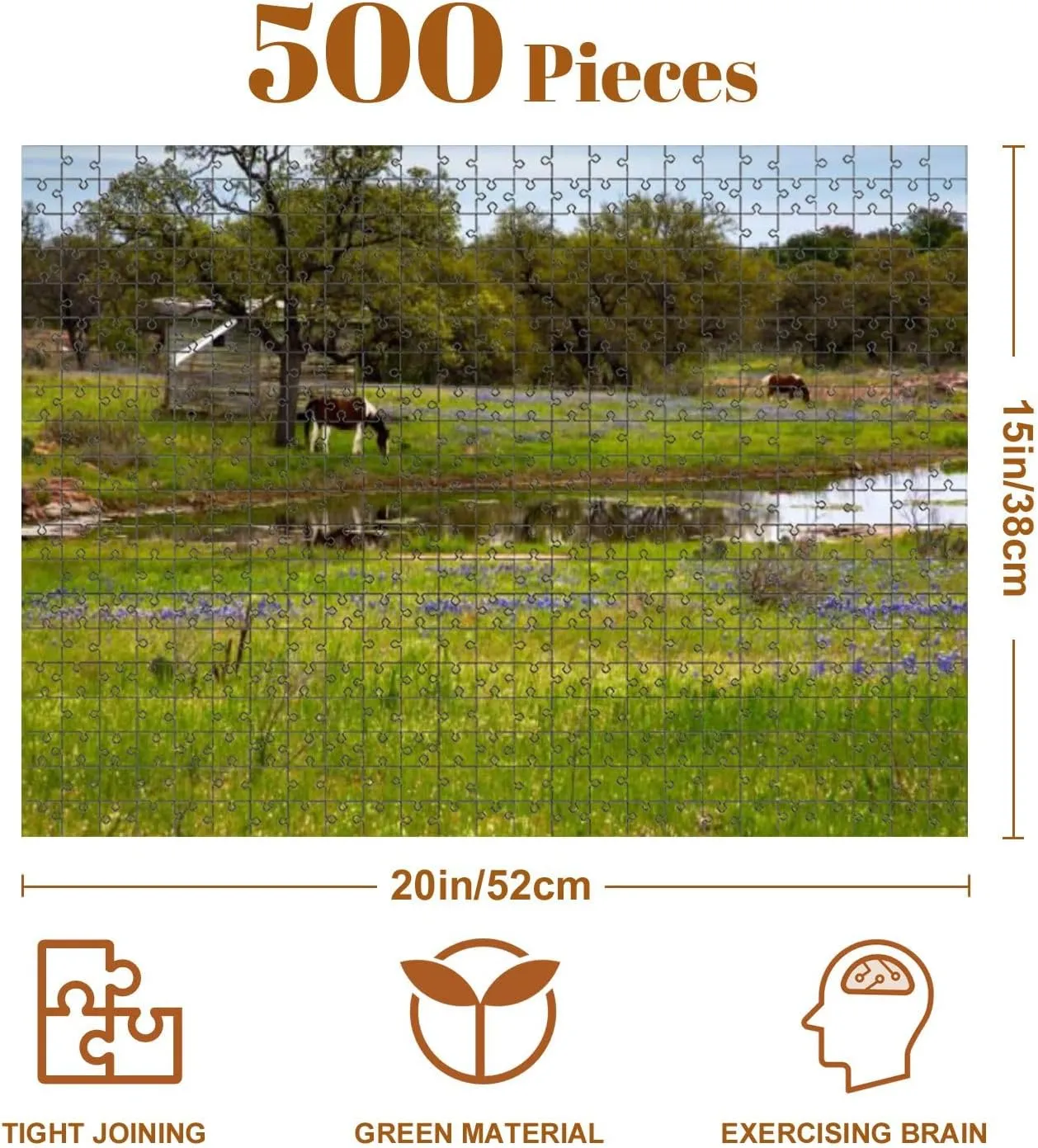 Jigsaw Puzzles 500 Pieces for Adult Horses Pasture Next to Pond Texas Hill Country Puzzle Game for Family Wooden Puzzle Toy Educational Games Puzzles for Home Decor