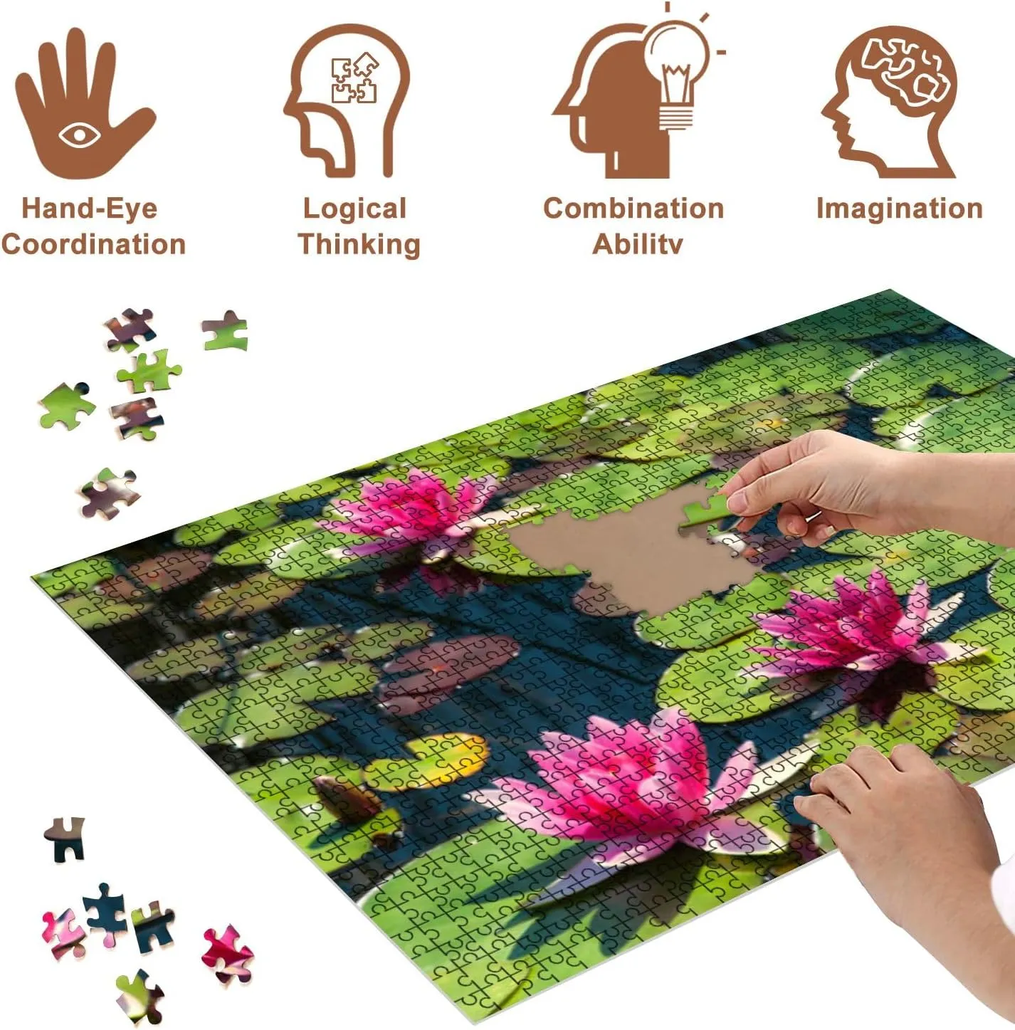 Jigsaw Puzzles 500 Pieces for Adult Pink Water Lilies Puzzle Game for Family Wooden Puzzle Toy Educational Games Puzzles for Home Decor