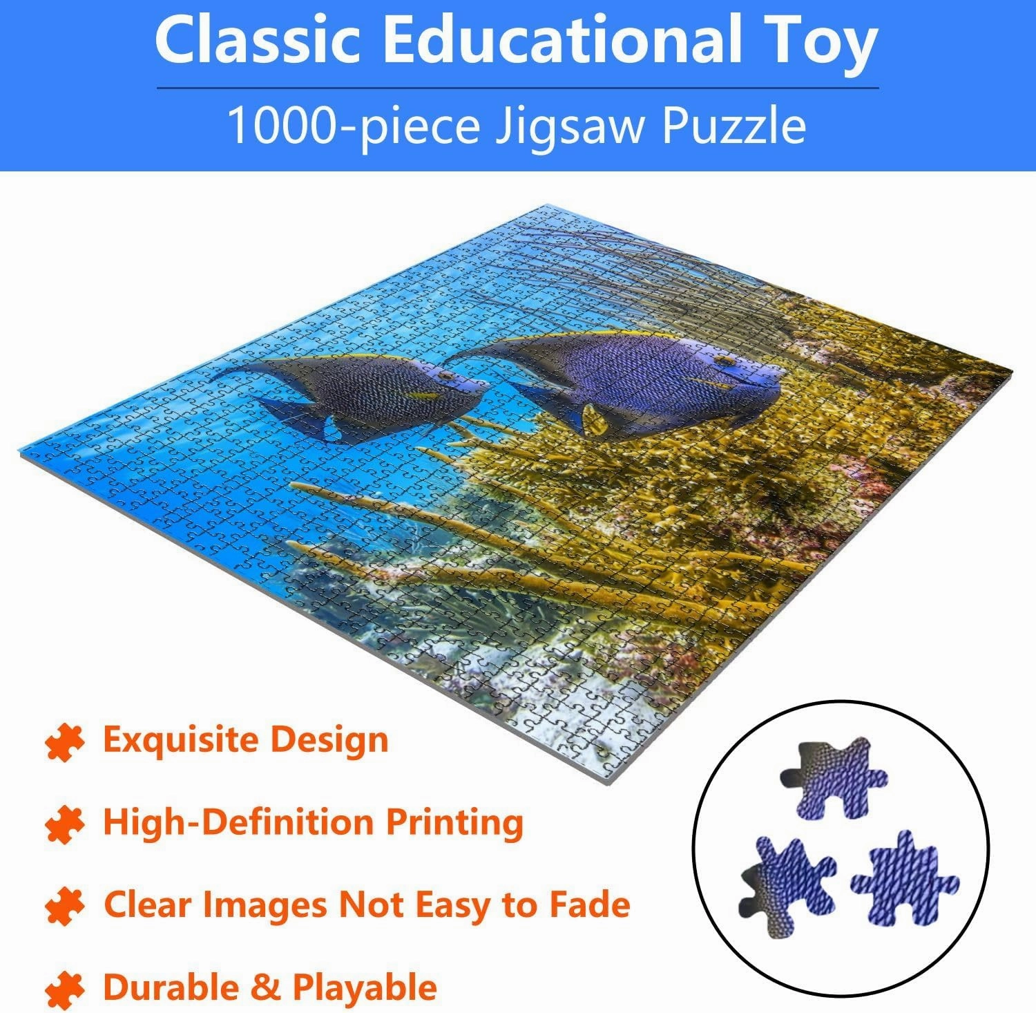 Jigsaw Puzzles 1000 Pieces for Adult Chan Marine French Angelfish Caribbean Ambergris Caye Puzzle Game for Family Wooden Puzzle Toy Educational Games Puzzles for Home Decor
