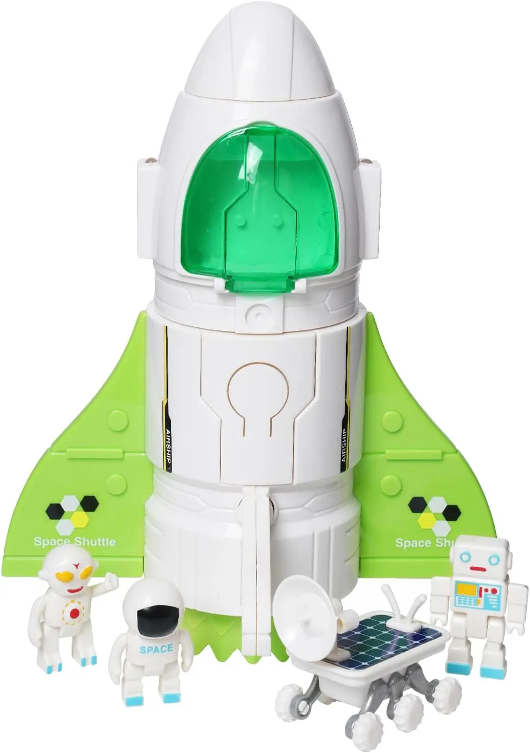 Jomifin Spaceship Toy for Boys Girls, Space Shuttle Toys with Lights&Sound, 3 Astronauts Figure, Openable Cockpit, Spray Exhaust, Astro Venture Space Playset with Lunar car (Green)