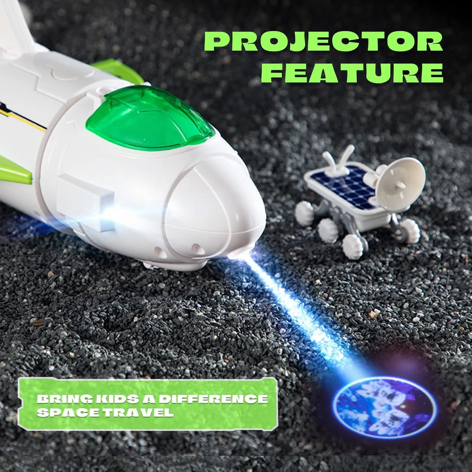 Jomifin Spaceship Toy for Boys Girls, Space Shuttle Toys with Lights&Sound, 3 Astronauts Figure, Openable Cockpit, Spray Exhaust, Astro Venture Space Playset with Lunar car (Green)