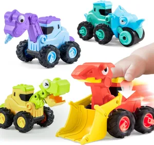 JOYIN Baby Car Toy for 1 2 3 Years Old Boys Girls, Dinosaur Truck Toys for Toddlers, Transforming Robot for Toddlers, 4 Pack Construction Vehicles Set, Dinosaur Racing Car Playset, Press & Go