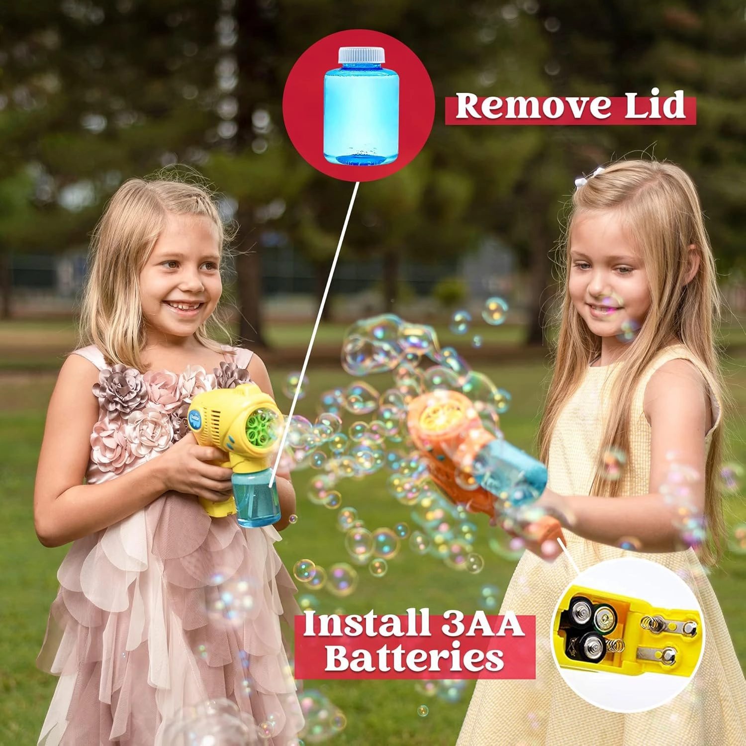 JOYIN 2 Bubble Guns with 2 Refill Solution (10 oz Total), Bubbles Maker, Blower for Kids, Toddlers, Outdoors Activity, Birthday Gift, Easter Basket Stuffers (Yellow Orange)