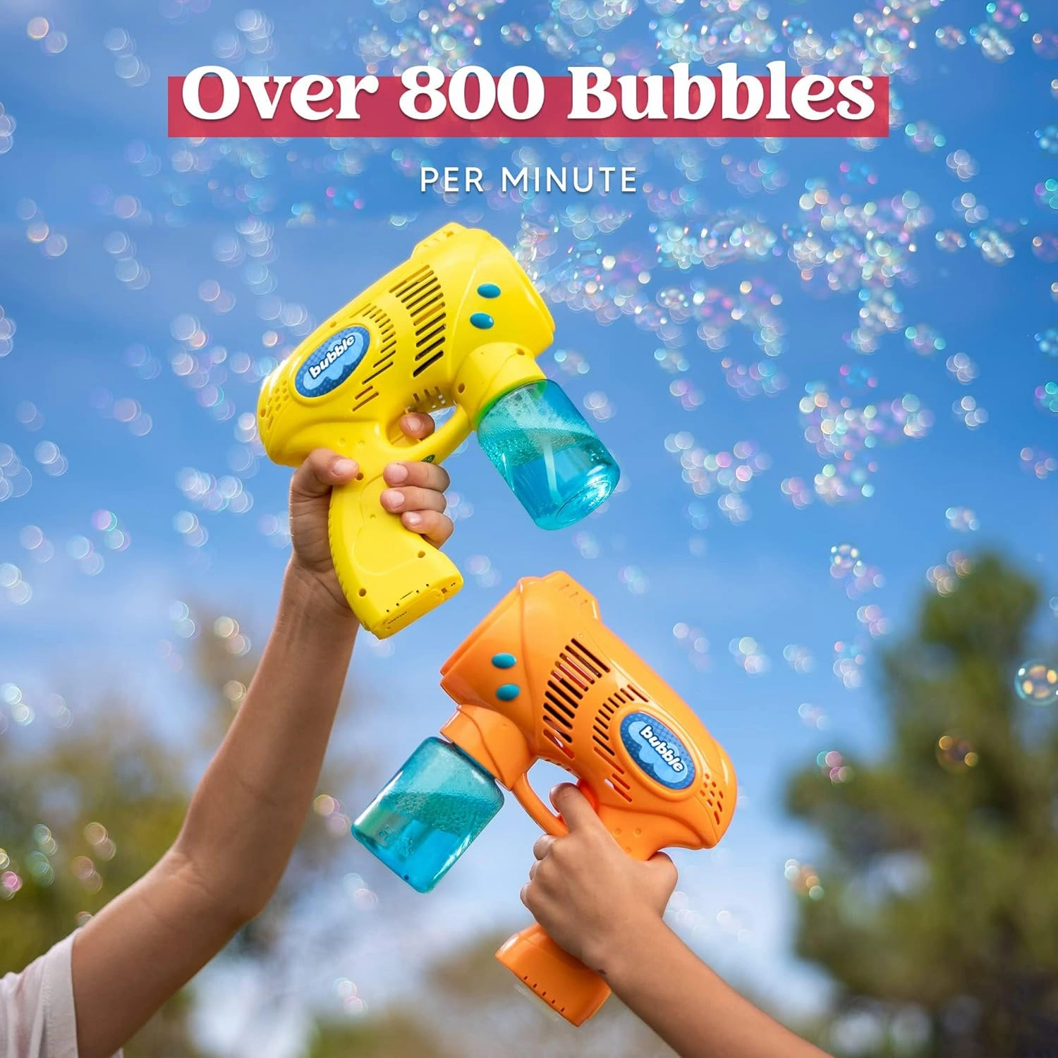 JOYIN 2 Bubble Guns with 2 Refill Solution (10 oz Total), Bubbles Maker, Blower for Kids, Toddlers, Outdoors Activity, Birthday Gift, Easter Basket Stuffers (Yellow Orange)