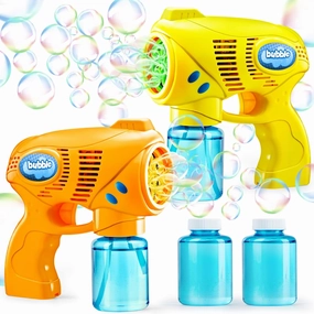 JOYIN 2 Bubble Guns with 2 Refill Solution (10 oz Total), Bubbles Maker, Blower for Kids, Toddlers, Outdoors Activity, Birthday Gift, Easter Basket Stuffers (Yellow Orange)