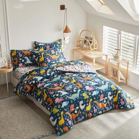 Joyreap 7 Piece Queen Size Bed in a Bag, Colorful Dinosaur Printed on Navy, Microfiber Comforter Set for Kids Boys n Girls (1 Comforter, 2 Pillow Shams, 1 Flat Sheet, 1 Fitted Sheet, 2 Pillowcases)