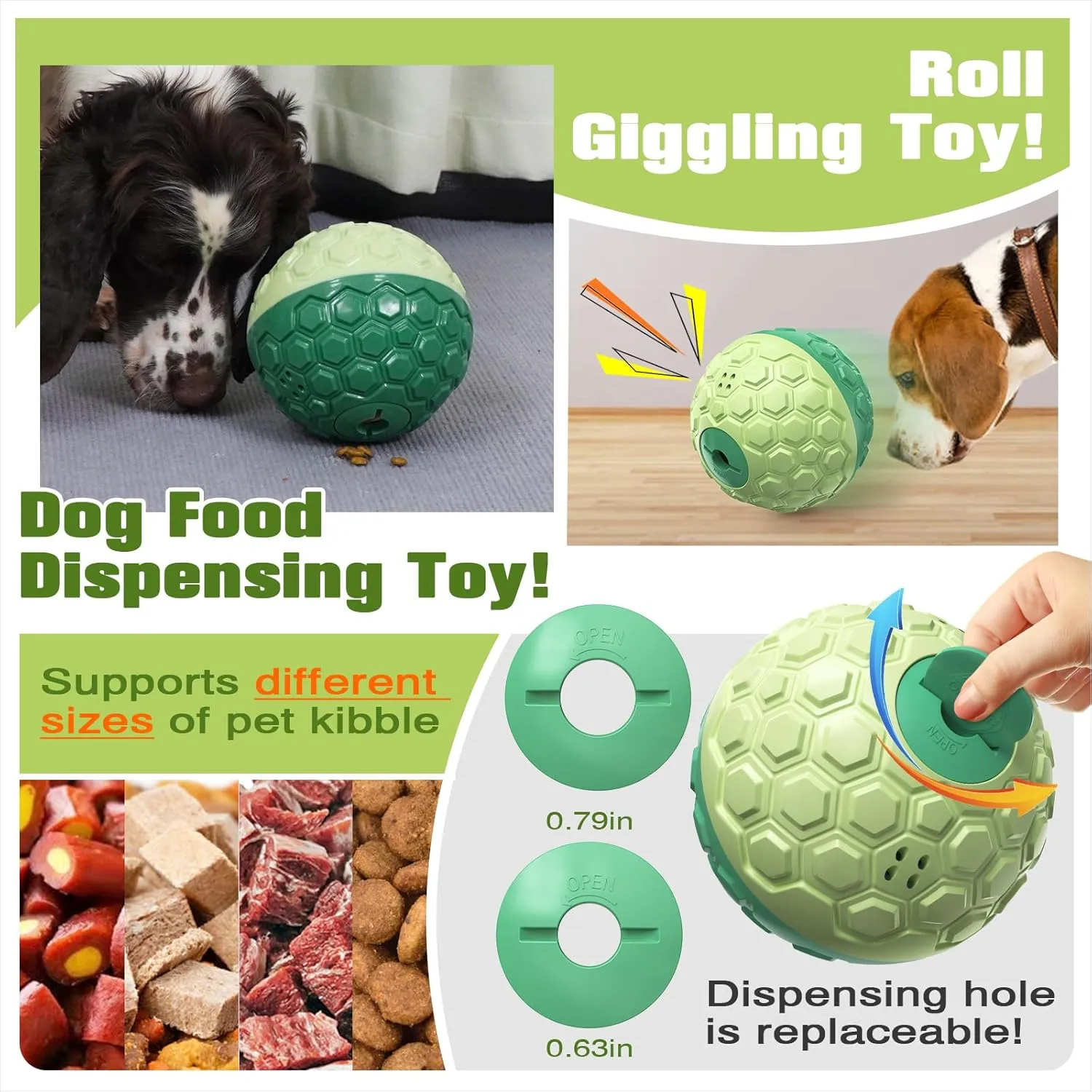 KADTC Treat Dispenser Roll Giggling Ball for All Breed Medium/Large Aggressive Chewers Food Dispensing Puzzle Toy Chew Teeth Balls Interactive Keep Them Busy Boredom Busters Puppy Enrichment Toys