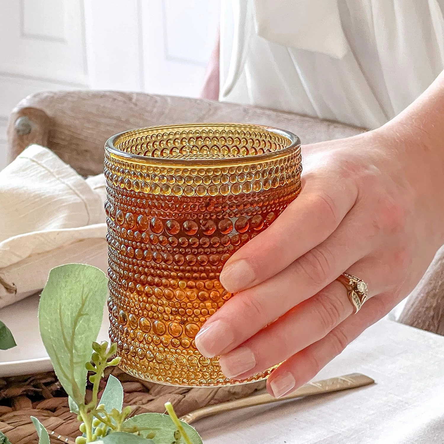 Kate Aspen Beaded Amber Drinking Glasses Set of 6-10 oz Vintage Glassware Set Jupiter Glasses, Cocktail Glass Set, Juice Glass, Water Cups Hostess Gift, Present, Gift for Newlyweds