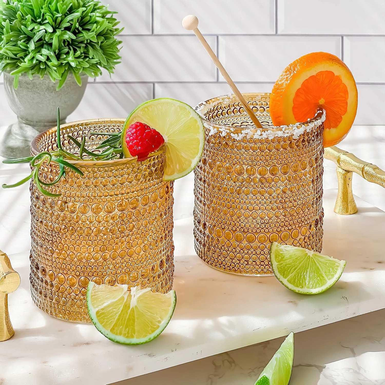 Kate Aspen Beaded Amber Drinking Glasses Set of 6-10 oz Vintage Glassware Set Jupiter Glasses, Cocktail Glass Set, Juice Glass, Water Cups Hostess Gift, Present, Gift for Newlyweds