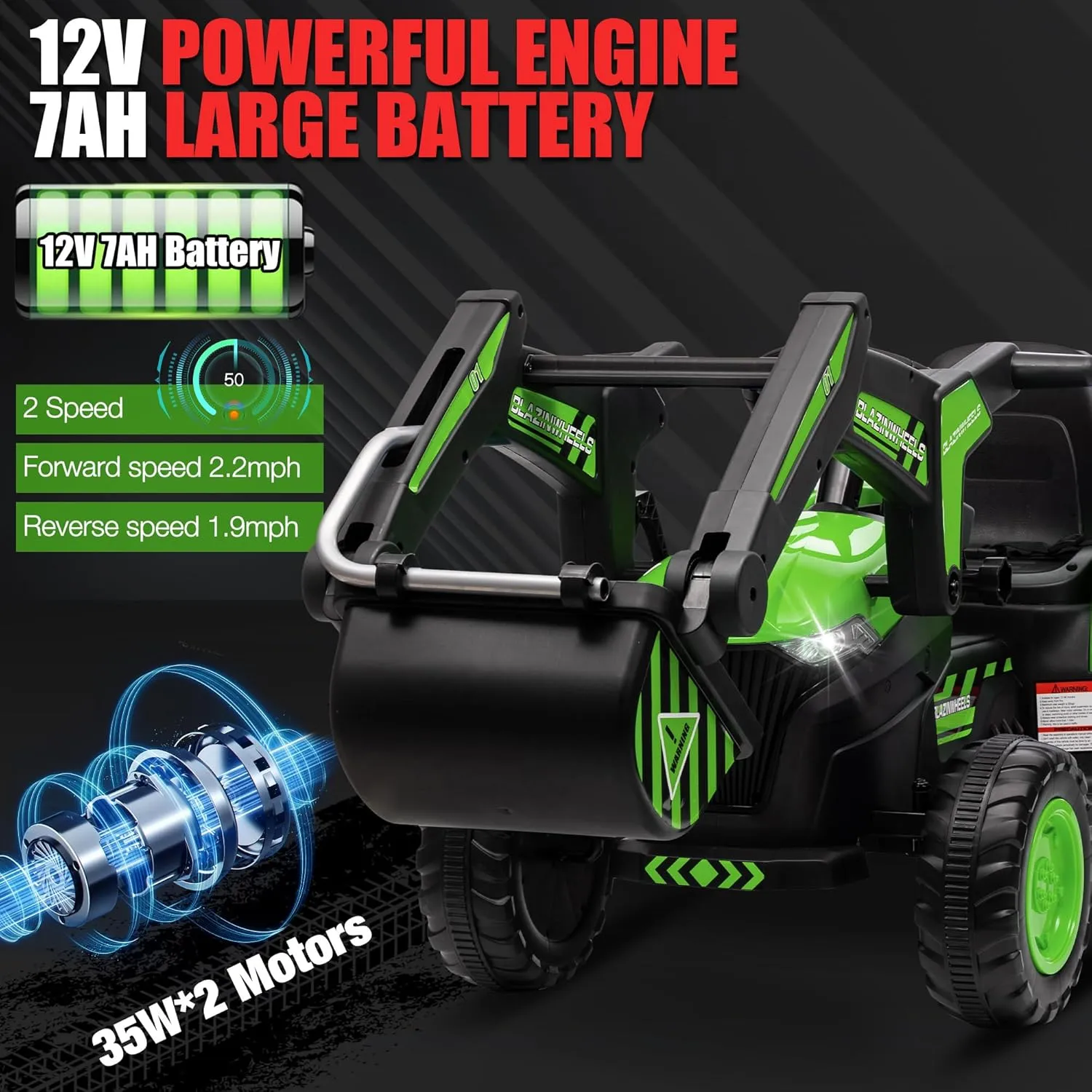 Kids 12V 3 in 1 Ride on Excavator & Tractor with Detachable Trailer, Ride on Car Toy with Remote Control, Digger, LED Lights, Music, Kids Electric Vehicles for Boys Girls, Green