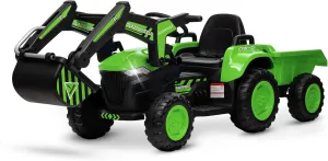 Kids 12V 3 in 1 Ride on Excavator & Tractor with Detachable Trailer, Ride on Car Toy with Remote Control, Digger, LED Lights, Music, Kids Electric Vehicles for Boys Girls, Green