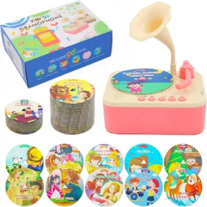 Kids Gramophone with 96 Learning Cards, Record Player for Toddlers, Storytelling Machine and Kids Music Player for Early Education, Phonograph Toy for Kids Ages 2 