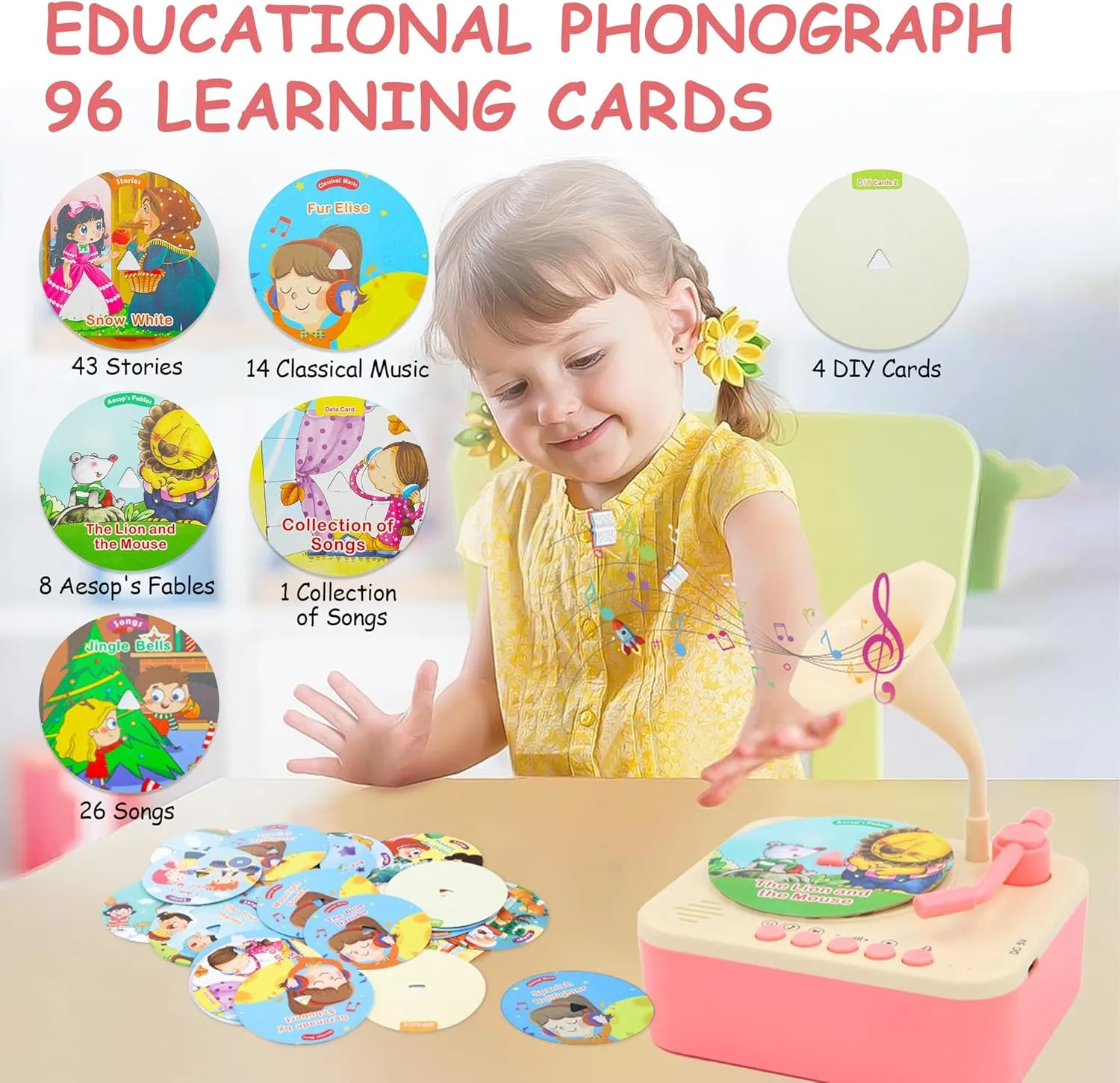 Kids Gramophone with 96 Learning Cards, Record Player for Toddlers, Storytelling Machine and Kids Music Player for Early Education, Phonograph Toy for Kids Ages 2 