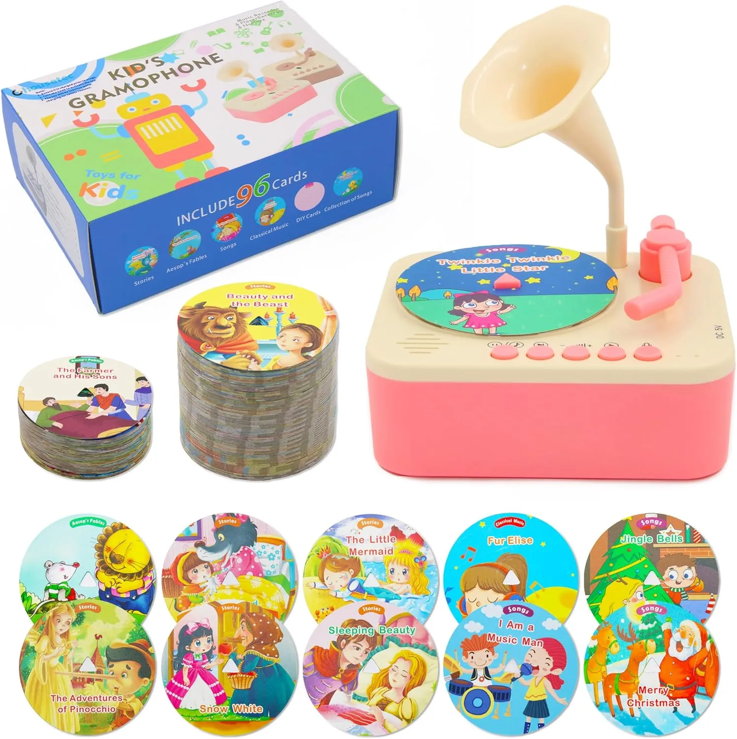Kids Gramophone with 96 Learning Cards, Record Player for Toddlers, Storytelling Machine and Kids Music Player for Early Education, Phonograph Toy for Kids Ages 2 