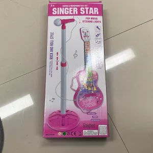 Kids Guitar and Microphone Play Set, Pink Musical Toy with Stand, Light Effects, Adjustable Height