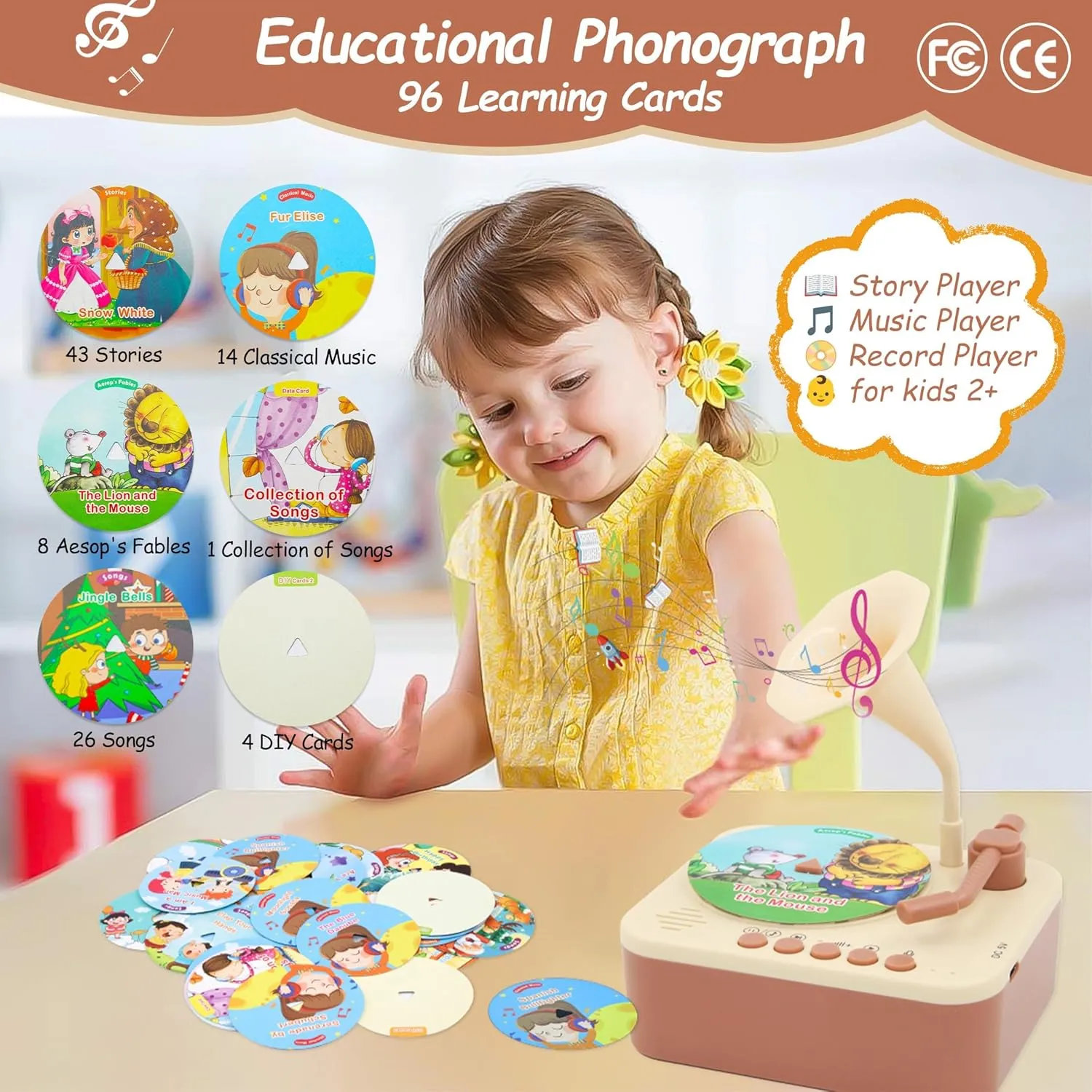 Kids Record Player, Kids Phonograph with 99 Cards, Story Telling & Songs & DIY Record, Toddler Music Toys Ideal for Boys Girls 3 4 5 Year Old