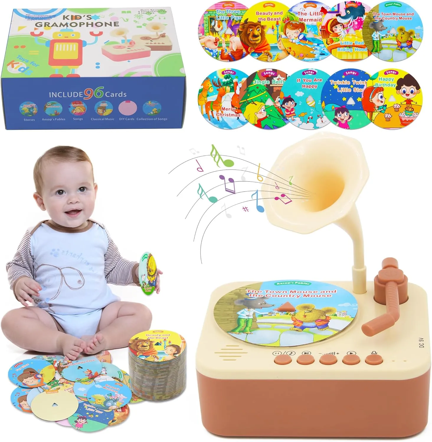 Kids Record Player, Kids Phonograph with 99 Cards, Story Telling & Songs & DIY Record, Toddler Music Toys Ideal for Boys Girls 3 4 5 Year Old