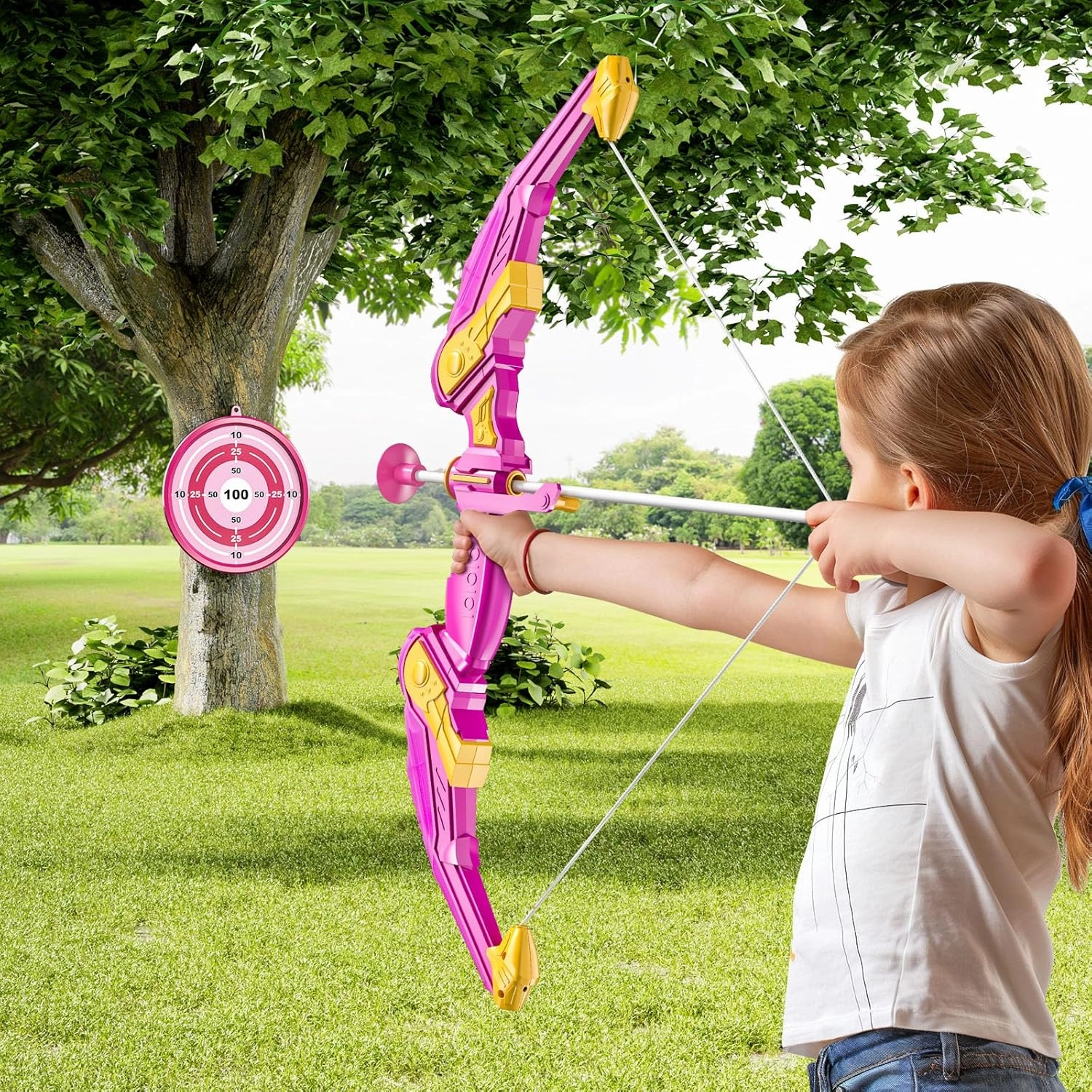 Kids Bow and Arrow Set, LED Light Up Archery Toy Set with 10 Suction Cup Arrows,Target & Arrow Quiver, Bow and Arrows Set Toys Gift for 3 4 5 6 7 8 9 10 11 12 Year Old Kids Boys Girls (Pink)