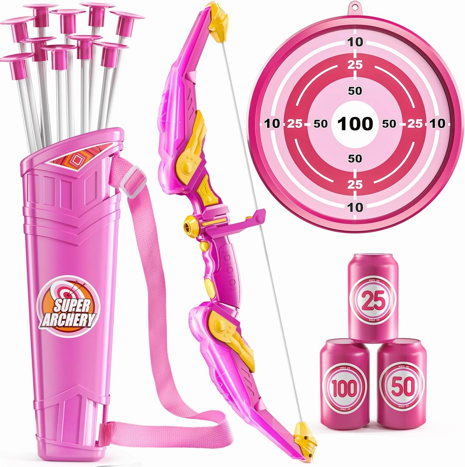 Kids Bow and Arrow Set, LED Light Up Archery Toy Set with 10 Suction Cup Arrows,Target & Arrow Quiver, Bow and Arrows Set Toys Gift for 3 4 5 6 7 8 9 10 11 12 Year Old Kids Boys Girls (Pink)