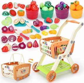 Kids Shopping Cart with Cutting Play Food Set for Kids Kitchen, 2 in 1 Shopping Cart for Kids Grocery Store Pretend Play Kitchen Accessories Sorting Food Bucket Learning Toys Gift for Toddler 3-5