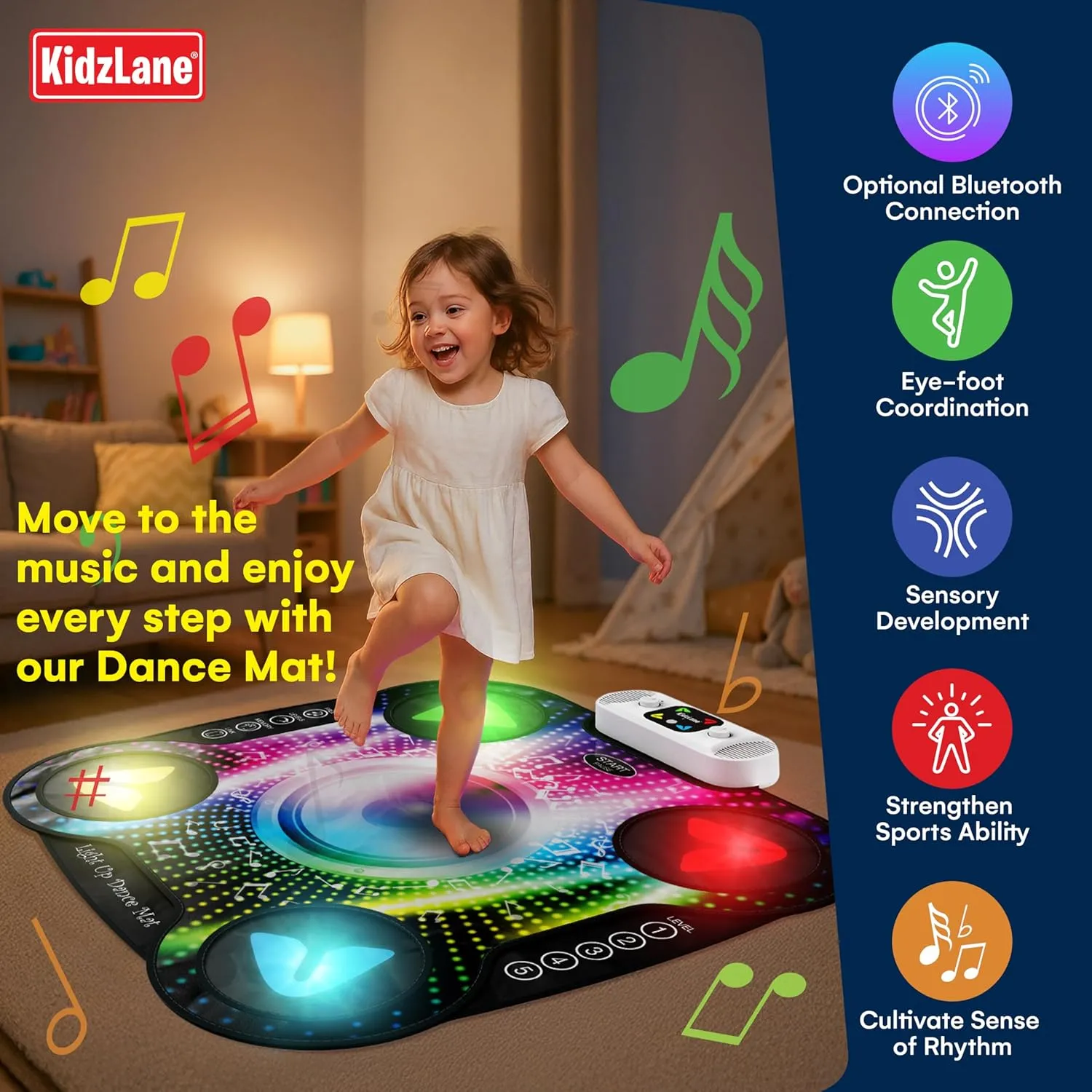 Kidzlane Light Up DJ Dance Mat for Kids - Bluetooth & AUX Compatible - 3 Fun Arcade Games - Adjustable Volume - Detachable Top Mats with Discoball & Speaker Motives - Durable Plastic - Multi-Color