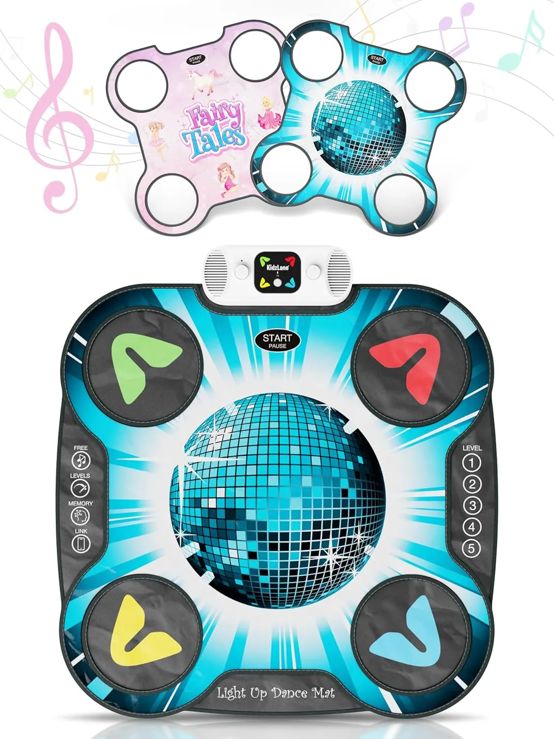 Kidzlane Light Up DJ Dance Mat for Kids - Bluetooth & AUX Compatible - 3 Fun Arcade Games with 5 Difficulty Levels - Detachable Discoball & Fairytail - Adjustable Volume - Ages 6 