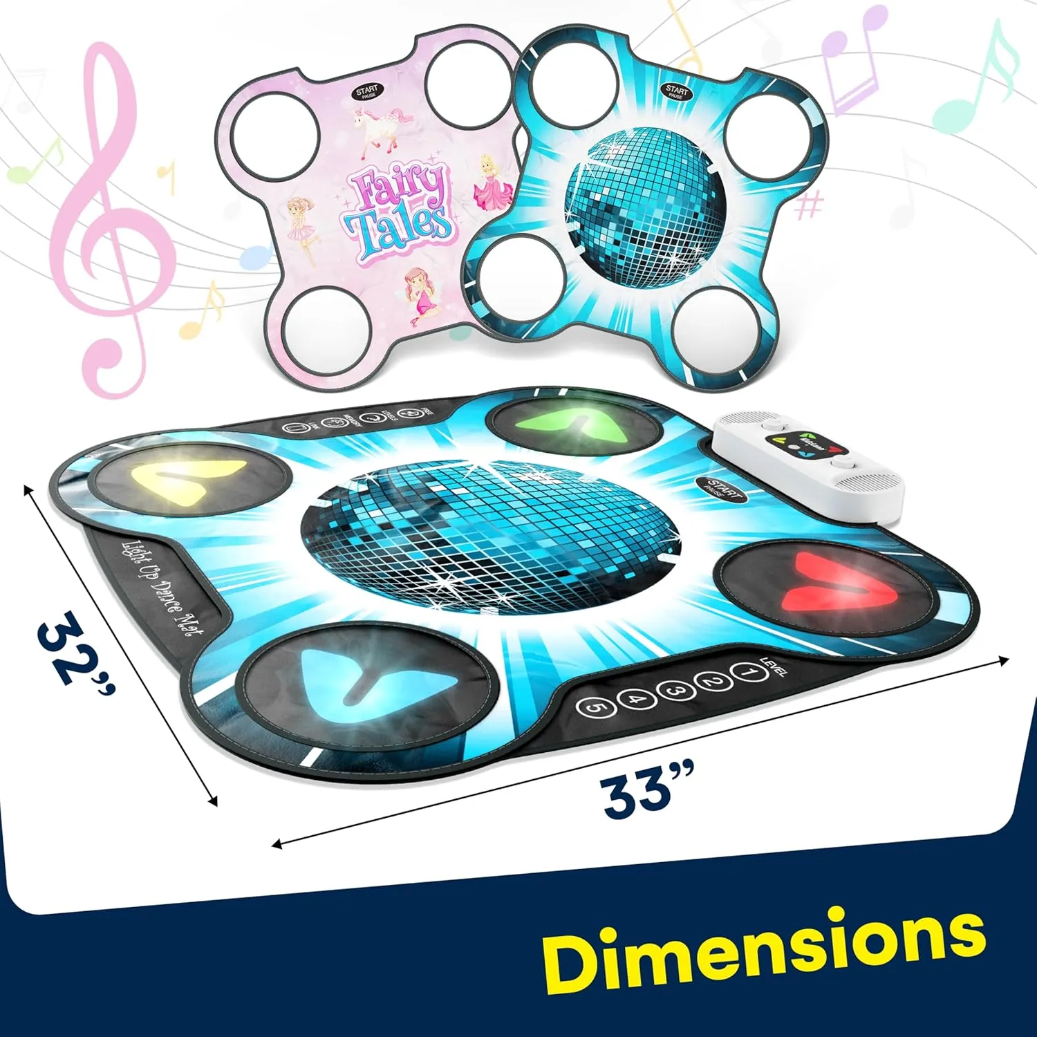 Kidzlane Light Up DJ Dance Mat for Kids - Bluetooth & AUX Compatible - 3 Fun Arcade Games with 5 Difficulty Levels - Detachable Discoball & Fairytail - Adjustable Volume - Ages 6 