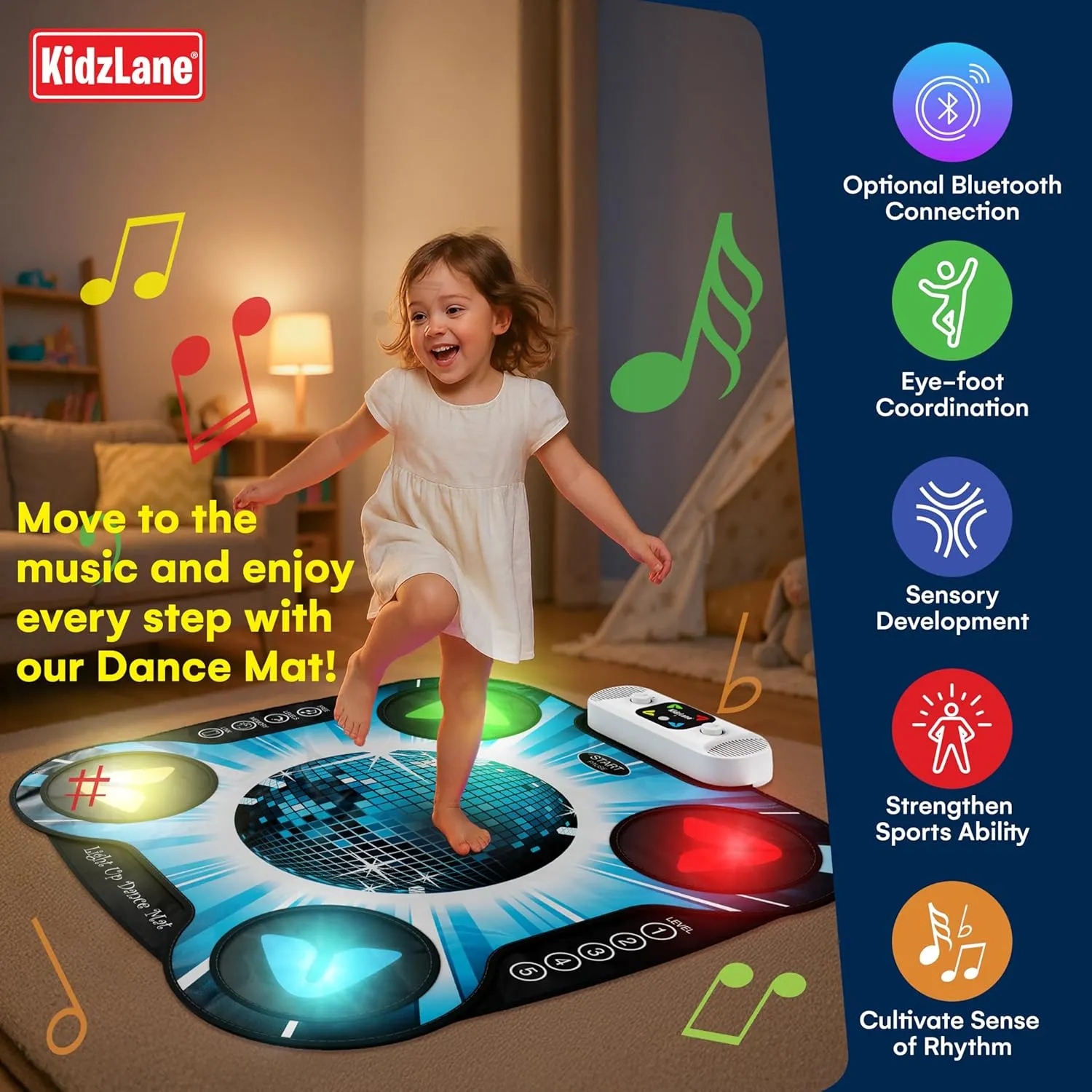 Kidzlane Light Up DJ Dance Mat for Kids - Bluetooth & AUX Compatible - 3 Fun Arcade Games with 5 Difficulty Levels - Detachable Discoball & Fairytail - Adjustable Volume - Ages 6 
