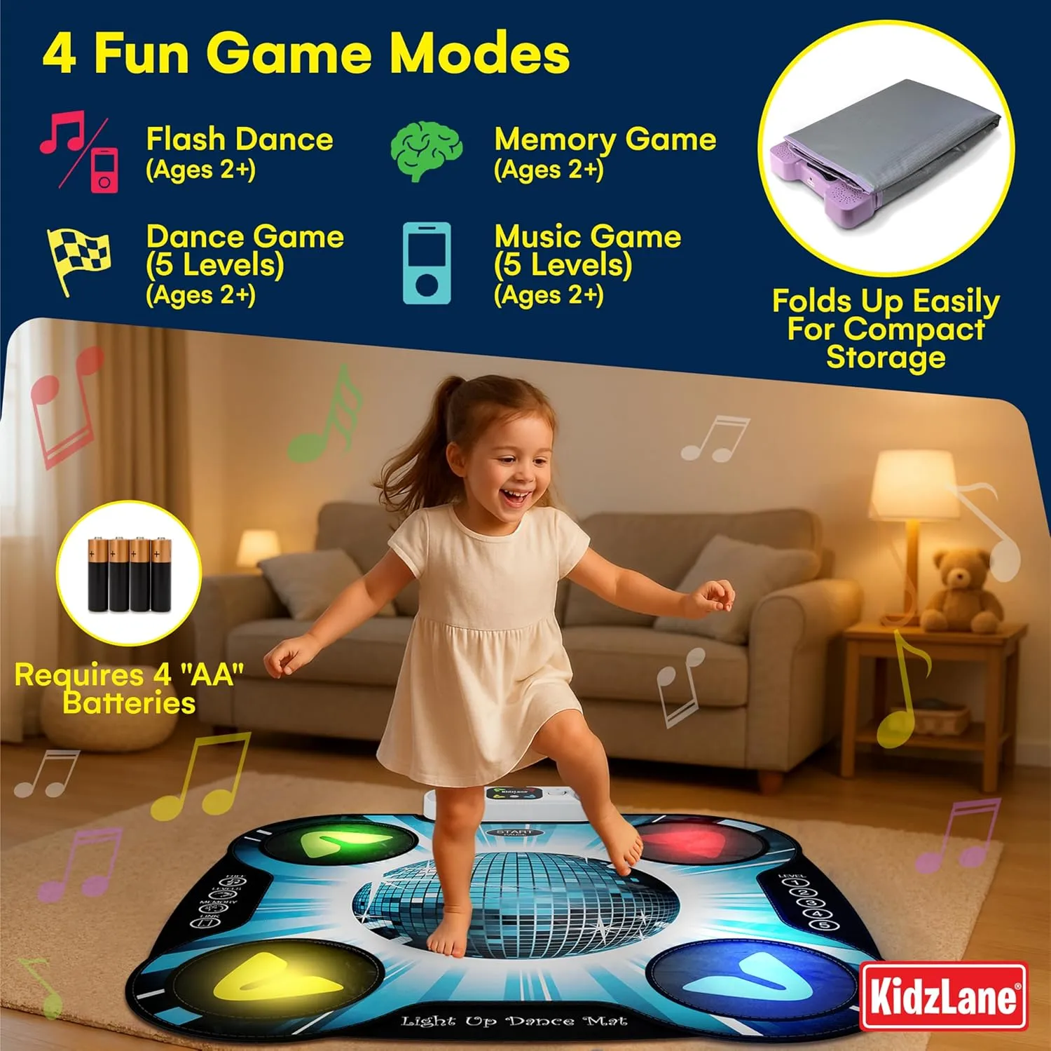 Kidzlane Light Up DJ Dance Mat for Kids - Bluetooth & AUX Compatible - 3 Fun Arcade Games with 5 Difficulty Levels - Detachable Discoball & Fairytail - Adjustable Volume - Ages 6 