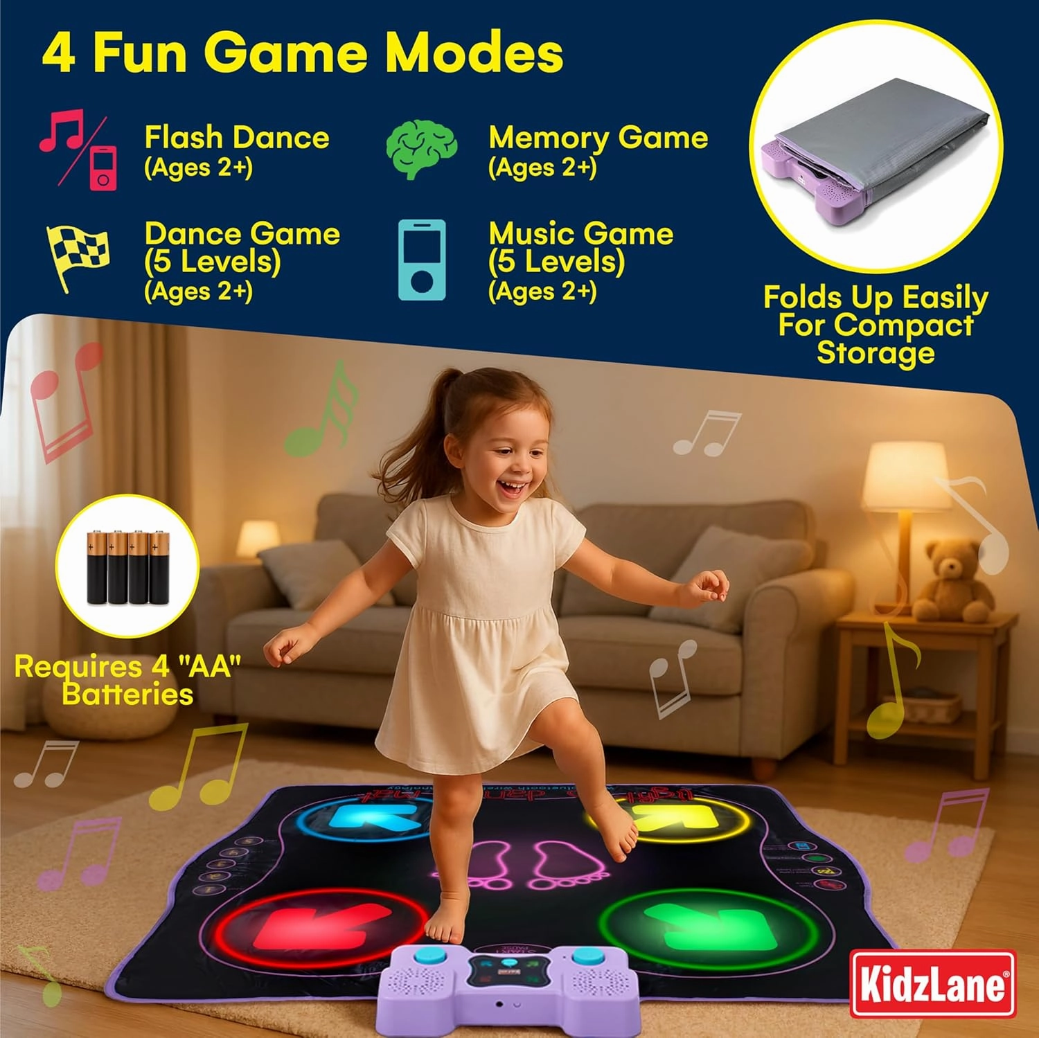 Kidzlane Dance Mat | Light Up Dance Pad with Wireless Bluetooth/AUX or Built in Music | Dance Game with 4 Game Modes | Gift Toy for Girls & Boys Ages 6 7 8 Years Old  