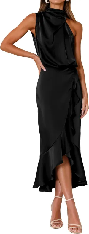 KIRUNDO Womens 2025 Summer Satin Mock Neck Wedding Guest Party Cocktail Midi Dress Sleeveless Wrap Ruffle Formal Dresses