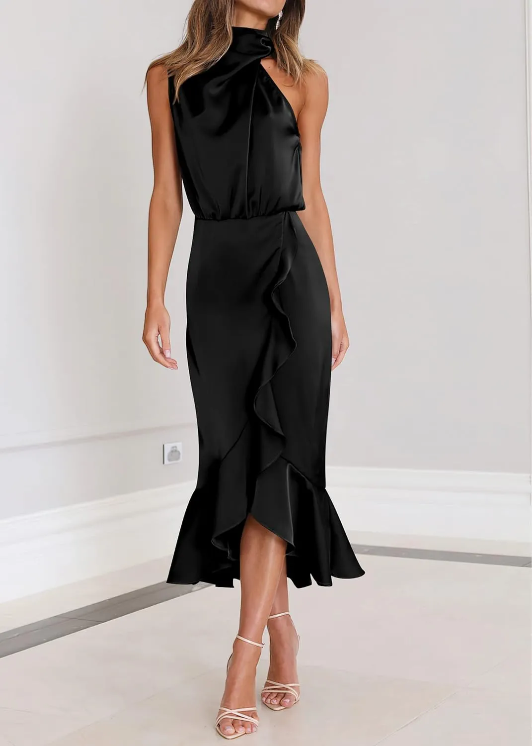 KIRUNDO Womens 2025 Summer Satin Mock Neck Wedding Guest Party Cocktail Midi Dress Sleeveless Wrap Ruffle Formal Dresses