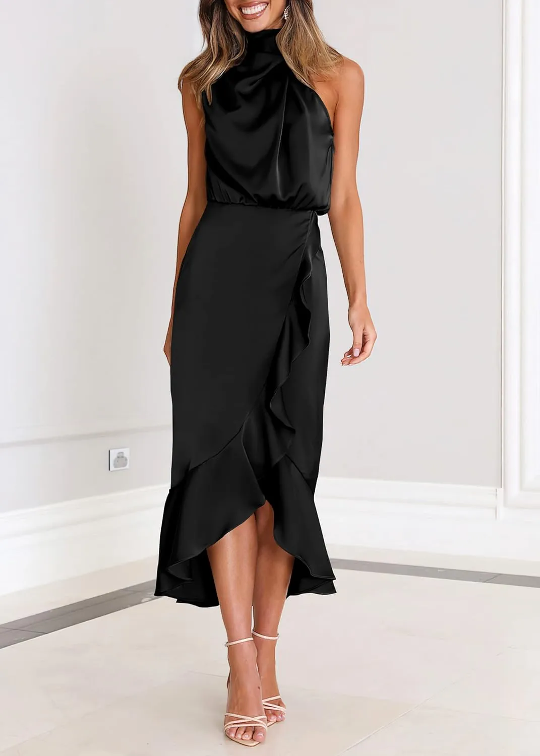 KIRUNDO Womens 2025 Summer Satin Mock Neck Wedding Guest Party Cocktail Midi Dress Sleeveless Wrap Ruffle Formal Dresses