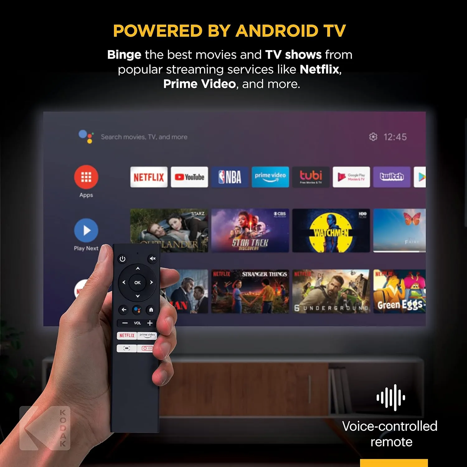 KODAK FLIK HD9 Smart Projector | Mini Black Portable Indoor & Outdoor Movie with Android TV Streaming Apps, Wi-Fi and Bluetooth, Built-In Speakers & Voice Remote | FHD 1080p for Screens Up to 120”